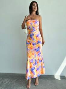 SHEIN Privé Vestido con cuello drapeado y espalda al aire con cola de pez para graduación, vacaciones, fiesta - Albaricoque - Ver 6