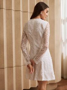 Anewsta Vestido mini blanco de encaje con cuello redondo y silueta evasé - Blanco - Ver 6