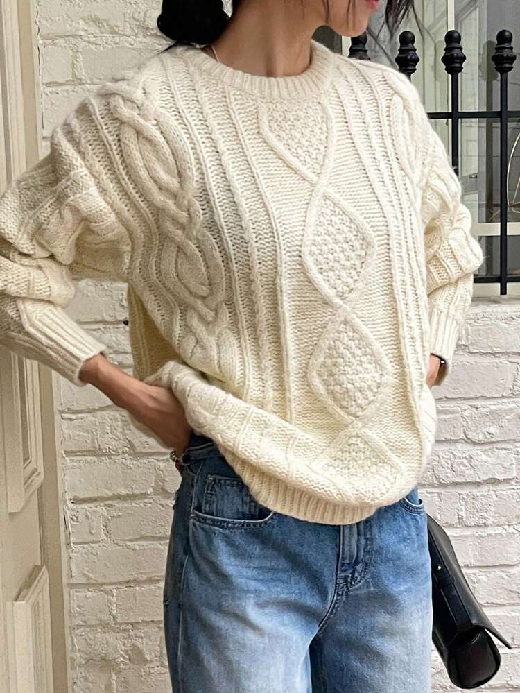 Women's Casual Loose Fit Textured Round Neck Pullover Sweater,Fall Clothes