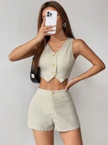 SHEIN PETITE Ladies' Single-Breasted Suit Vest And Shorts Set - Apricot - View 7