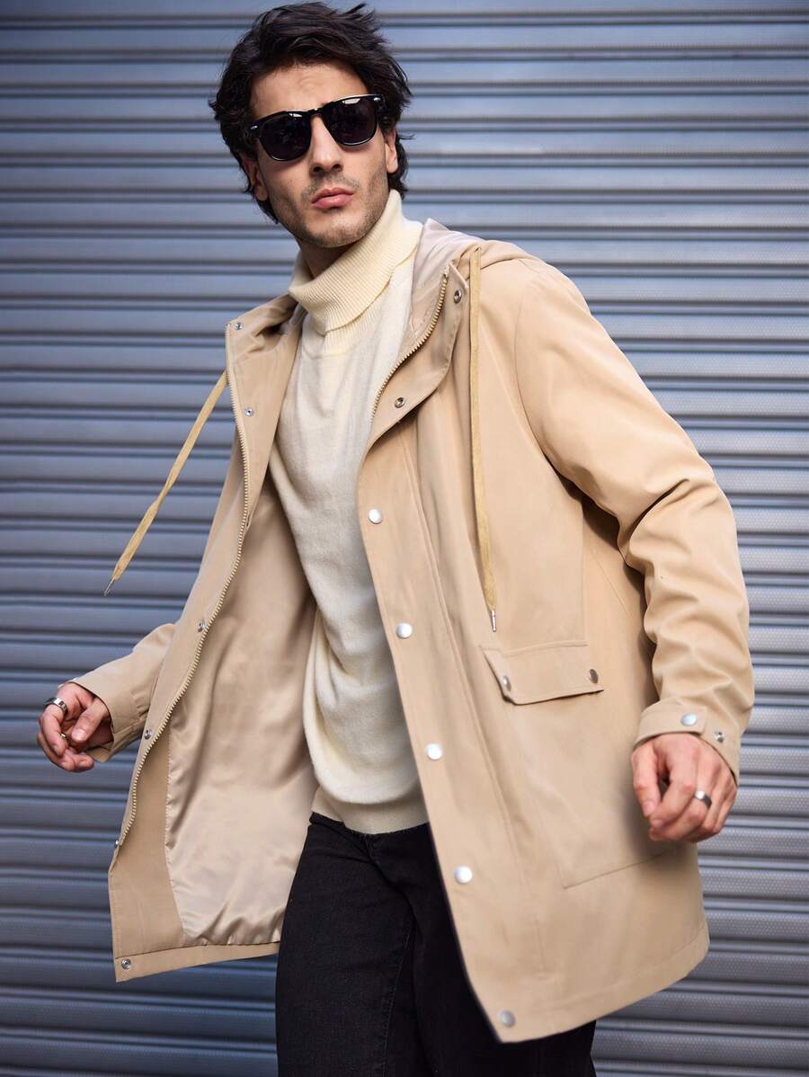 Manfinity VCAY Abrigo informal tipo trinchera de ajuste holgado con capucha, adecuado para el otoño, para hombres - Caqui - Ver 1