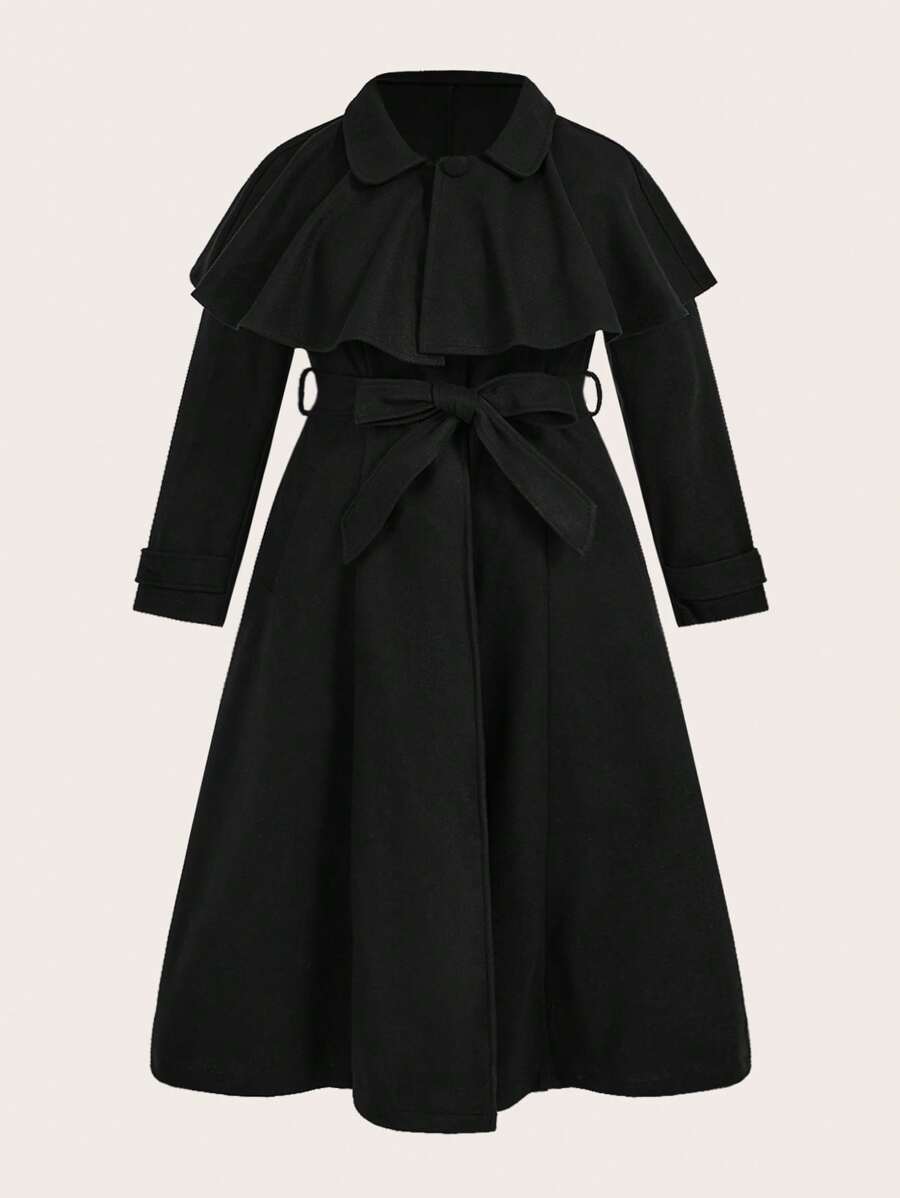 Flirla 加大码纯色荷叶边蝴蝶结时尚优雅长款羊毛斗篷