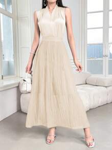 Modelyn 女装夏季纯色褶皱V领无袖衬衫和长裙优雅精致两件套，优雅晚会礼服 - 米色 - 查看 3