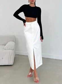 EURMUSE WOMEN HIGH WAIST SLASH DETAIL MIDII SKIRT - White - View 4