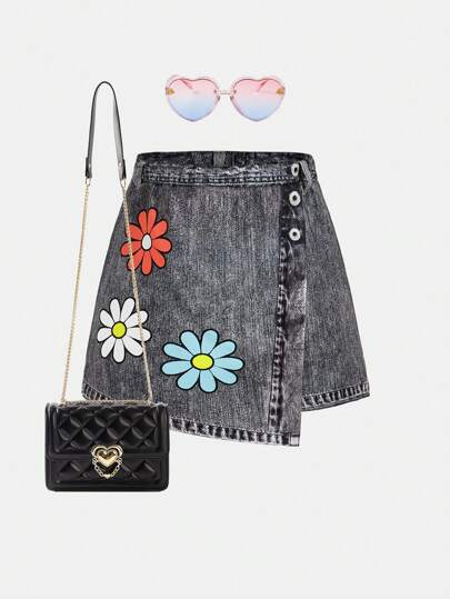 SHEIN Girlism Tween Girl Casual Floral Asymmetrical Hem Skort