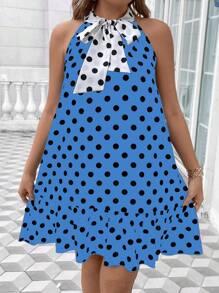 SHEIN Unity Damen Kleid in Große Größen mit Polka Punkt Muster, Rüschensaum und ärmellos mit Bindeband am Kragen - Königsblau - Übersicht 3