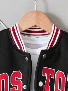 SHEIN Casual Sports BOSTON Letter Print Ribbed Collar Cuff Hem Black Varsity Jacket For Young Boys. The Ribbed Collar, Cuffs, And Hem Design Adds Layers And Texture To The Jacket. Suitable For Autumn And Winter, Suitable For Young Boys To Wear During Casual, Sports Or Outdoor Activities, Showing A Fashionable And Personalized Style Of Dressing. The Black Design Makes The Jacket More Versatile And Easy To Match With Various Bottoms Such As Jeans And Casual Pants, Paired With Athletic Or Casual Shoes, Showcasing A Fashionable And Casual Look. This Jacket Will Become A Beloved Item In The Boy's Wardrobe, Adding More Fashion And Taste To Their Daily Wear. Suitable For School, Classic And Timeless, Comfortable And Stylish. - Black - View 3