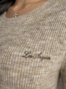 Flirla Women's Round Neck Letter Embroidered Split Hem Long Sleeve Pullover Sweater Knit Pullover Fall Winter Outfit