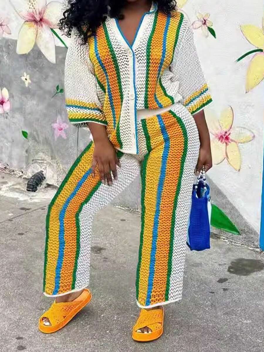 Casual Vacation 2pcs Women V-Neck Hollow  Sweater And Striped Contrast Color Long Pants Set Autumn Spring - Yellow - View 1