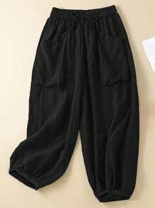Plus Size Solid Color Front Tie Pocket Simple Casual Pants, Daily Casual Wear