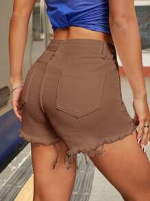 SHEIN PETITE Short de mezclilla unicolor, simple y casual para mujer - Marrón Mocha - Ver 2