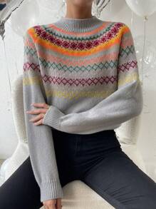 SHEIN LUNE Women's Fall Retro Style Geo Pattern Long Sleeve Sweater, Knit Pullover Fall Winter - Multicolor - View 6