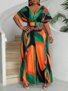 Maweii Plus Size Women's Summer Vacation Full Print V-Neck Batwing Sleeve Loose Wide Leg Jumpsuit