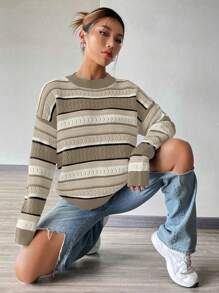 Flirla Áo len nữ cổ tròn tay dài kẻ sọc phối màu tương phản, kiểu dáng rộng rãi, thoải mái, thích hợp cho mùa thu đông. - Nhiều màu - Xem 5
