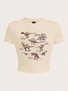 SHEIN EZwear Tricou cu mânecă scurtă, cu mânecă scurtă, cu imprimeu de dinozaur, minimalist, casual, pentru femei, amestec de bumbac - Bej - Vizualizare 4