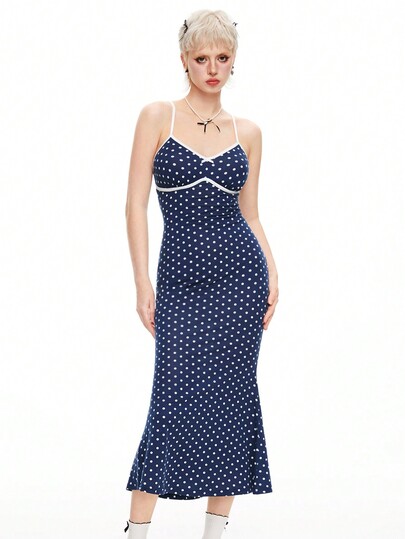 Kawaii Women's Polka Dot Print Simple Daily Spaghetti Strap Dress