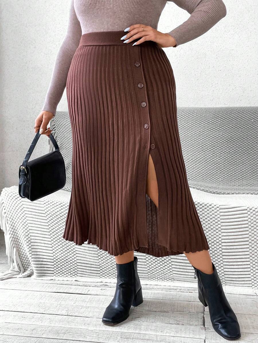 SHEIN LUNE Plus Size Women's Brown Buttoned Front Slit Rib Knit Skirt, Fall/Winter Skirt