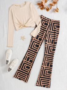 2 Stücke/Set Teenager Mädchen lässiger Urlaubs-Outfit aus geripptem Langarm-Top mit Knoten und weiter Hose - Aprikosenfarben - Übersicht 1