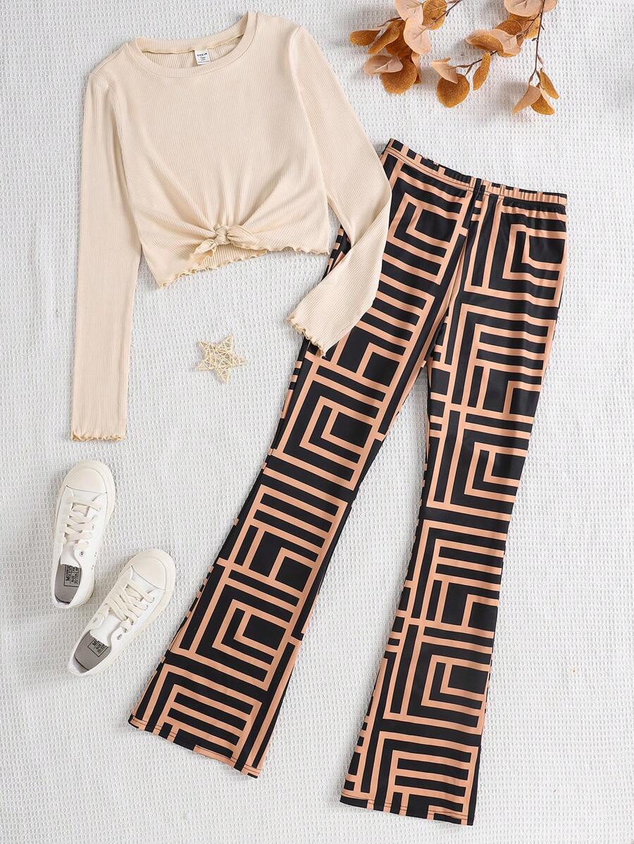 2 Stücke/Set Teenager Mädchen lässiger Urlaubs-Outfit aus geripptem Langarm-Top mit Knoten und weiter Hose - Aprikosenfarben - Übersicht 1