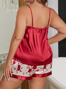 LuxeNights Plus Size Spaghetti Strap Simple Top And Contrast Floral Print Pajama Set - Burgundy - View 2