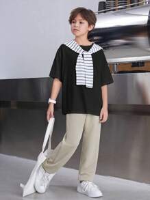 SHEIN 3 件套青少年男孩宽松休闲斗篷运动裤短袖 T 恤套装 - 彩色 - 查看 8