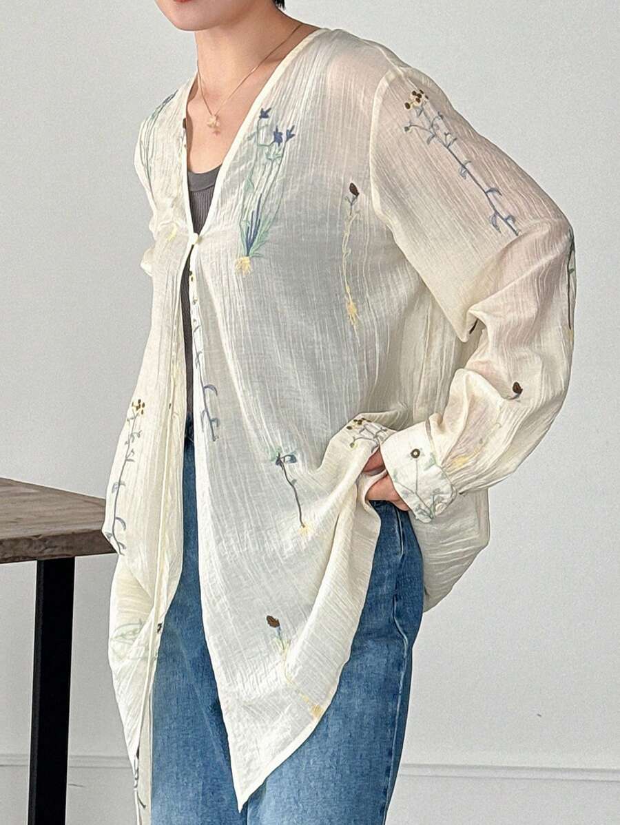 FRIFUL 女式刺绣宽松不对称透明衬衫，秋季女装长袖上衣 - 米色 - 查看 1