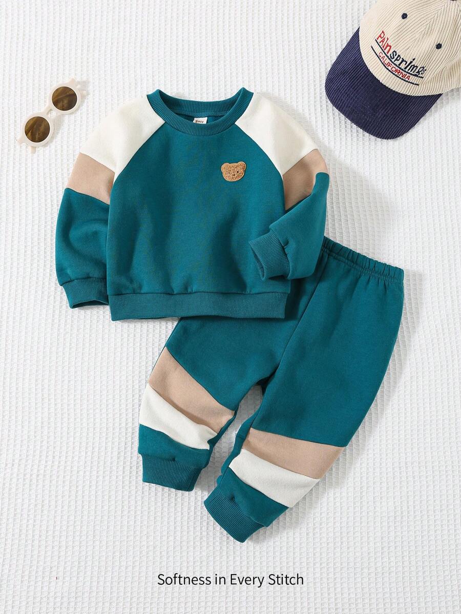 Cozy Pixies 2pcs Baby Boy Colorblock Raglan Sleeve Pullover Sweatshirt & Jogger Pants Set - Green - View 1