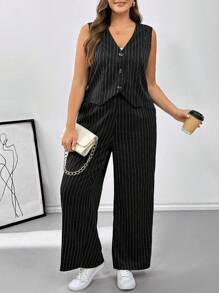 SHEIN Essnce 2pcs Plus Size Women Black & White Striped Suit Set In Fall/Winter - Black and White - View 4