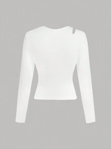 SHEIN Girlism 2pcs Teen Girls' Knitted Ribbed Hollow-Out Round Neck Casual Long Sleeve T-Shirts Set - Black and White - View 5