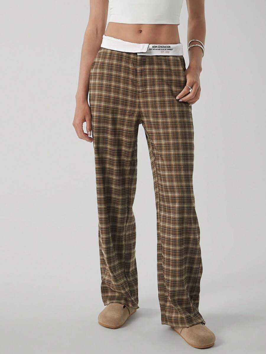 Easelle Khaki Woven Plaid Women's Straight Loose Pants - Coffee Brown - View 1