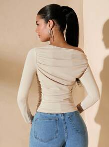 SHEIN BAE Women's Solid Color Asymmetrical Neck Fitted Ruched Knitted Sweater, Autumn/Winter - Apricot - View 2