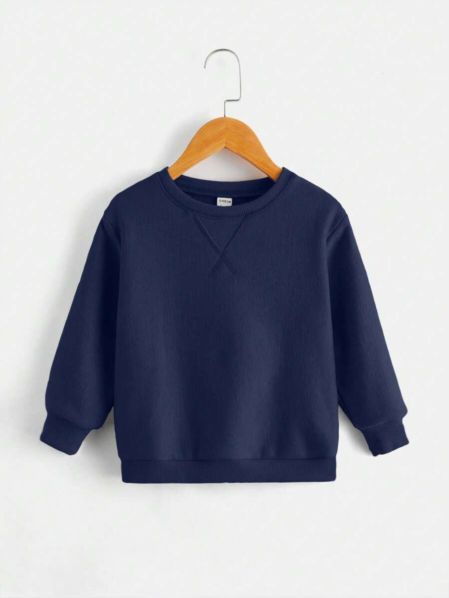 SHEIN Áo thun trơn cổ tròn dài tay cho bé trai mặc hàng ngày, thích hợp cho mùa thu đông - Xanh đậm - Xem 1