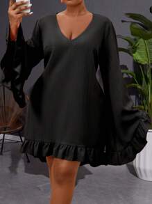 Maweii 大码女式 V 领荷叶边拼接喇叭袖宽松连衣裙，春夏 - 黑色 - 查看 6