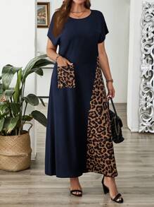 EMERY ROSE 加大撞色豹纹贴袋短袖夏装连衣裙夏季服装休闲女装连衣裙 - 藏蓝色 - 查看 1