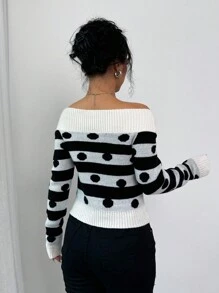 Chiquease 女士露肩波点针织套头衫，秋冬款 - 黑與白 - 查看 2