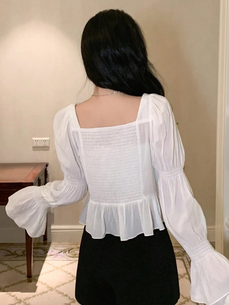 Plain Square Neck Ruffle Hem Ladies Blouse, Back To School Season,Fall Clothes Long Sleeve Top