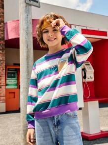 SHEIN Explorewe 青少年男孩休闲宽松条纹圆领运动衫，秋季 - 彩色 - 查看 6