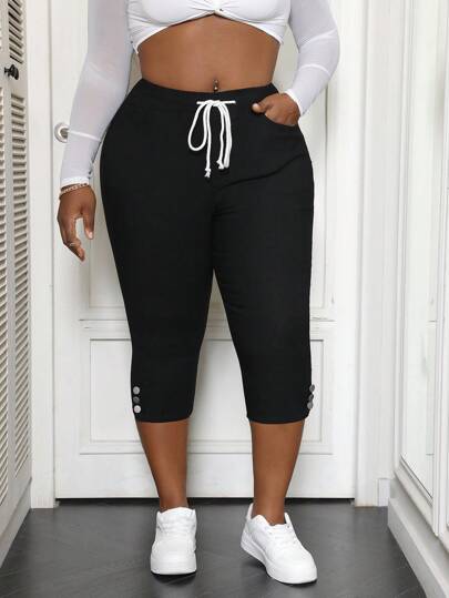 Plus Size Women Waist-Tie Denim Elastic Skinny Pants With Side Slit