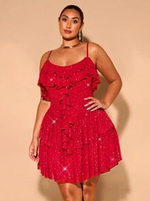 SHEIN BAE Plus Size Women's Solid Black Sleeveless A-Line Mesh Short Dress With Ruffle Trim, Glamorous Sparkling Party Dress - Black - View 2