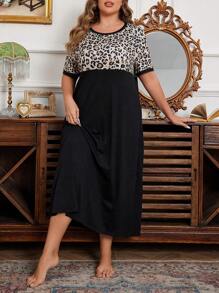 Große Größen Leoparden Patchwork Rundhals Kurzarm Nachthemd