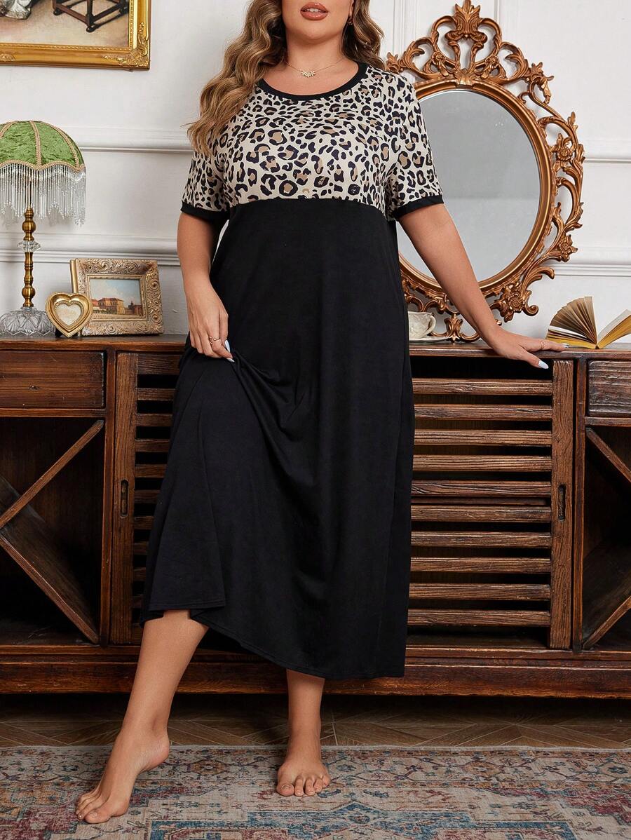 Große Größen Leoparden Patchwork Rundhals Kurzarm Nachthemd