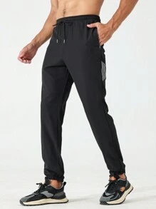 Manfinity Fitness Men Striped Drawstring Waist Slant Pocket Sports Trousers - Black - View 6