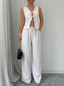 Gloray 2pcs Set Women's Solid Color Simpleprintless Tank Top And Long Pants Suit - White - View 7