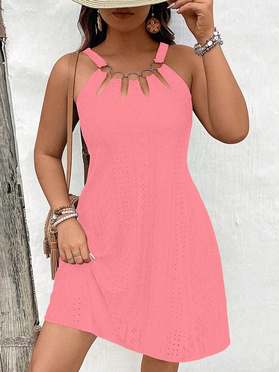 Calvaya Plus Size Spaghetti Strap Round Ring Split Hem Sleeveless Bodycon Elegant Dress - Watermelon Pink - View 1