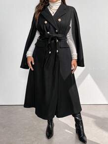 SHEIN Clasi Plus Size Women's Solid Color Simple Everyday Cape Sleeve Knitted Coat - Black - View 1