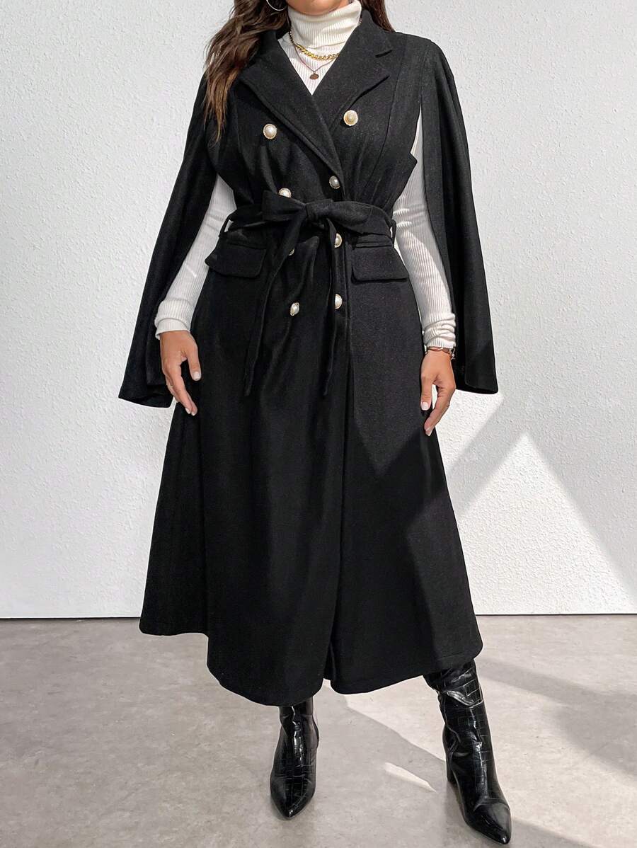 SHEIN Clasi Plus Size Women's Solid Color Simple Everyday Cape Sleeve Knitted Coat - Black - View 1