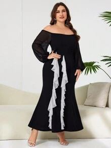 Modelyn Rochie de zi cu umăr dezactivată simplă, cu bloc de culoare, de mărime Plus - Negru - Vizualizare 6