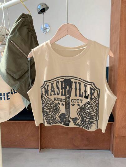 Comfortcana Women's Summer Boxy Cropped Music Festival Wings Print Tank Top