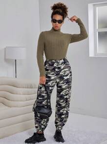 2 Stücke Tarnmuster Cargohose und figurbetontes Top mit Stehkragen Set für Teenager Mädchen - Armeegrün - Übersicht 5