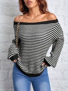 SHEIN PETITE Áo len trễ vai họa tiết sọc ấm áp cho chuyến đi chơi mùa thu đông - màu đen - Xem 7